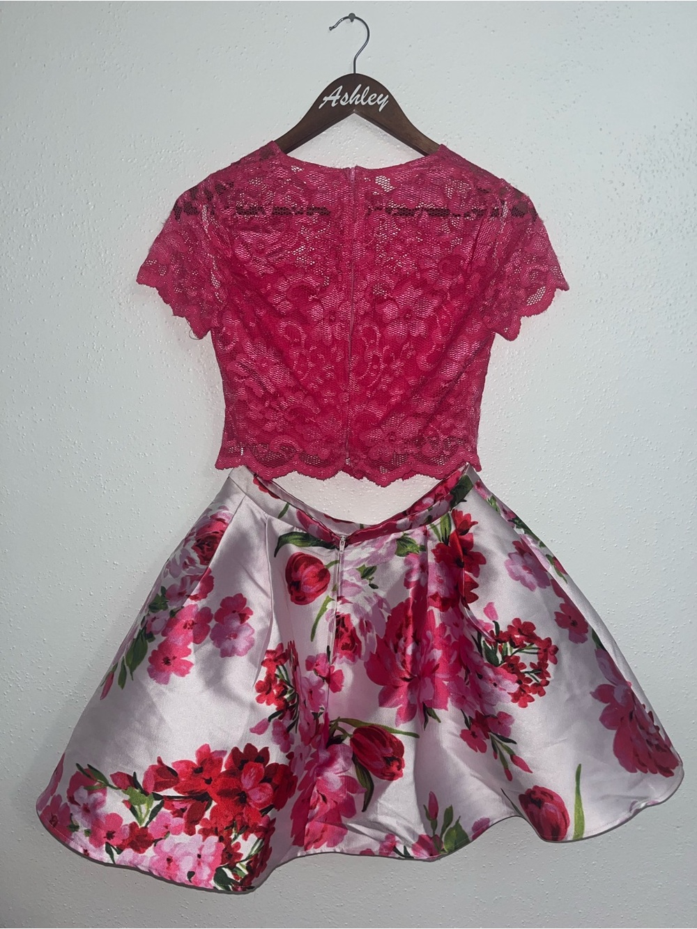 Two-Piece Pink Floral Homecoming Dress with Lace Top